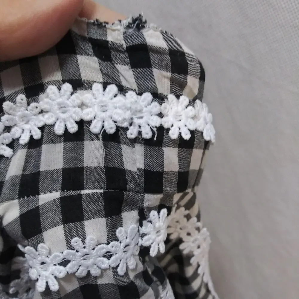J Crew Black Gingham Daisy Chain Lace Peplum Peasant Short Sleeve Blouse Size M